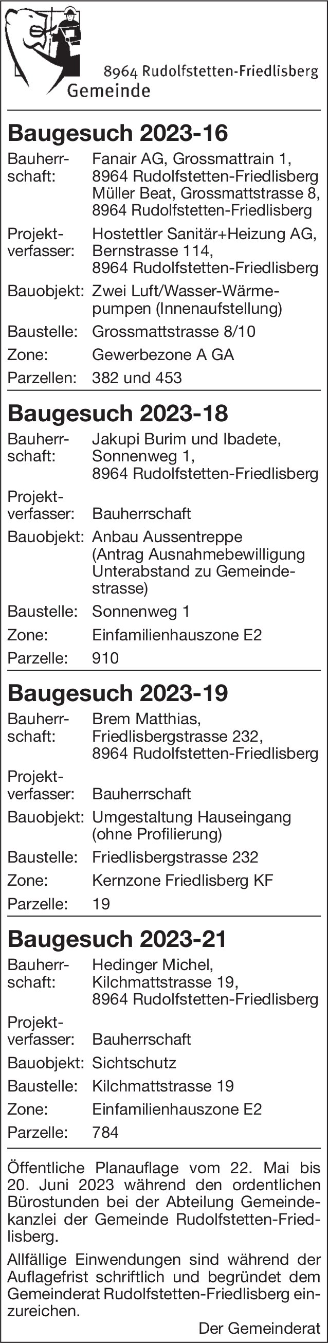 Baugesuche, Rudolfstetten-Friedlisberg