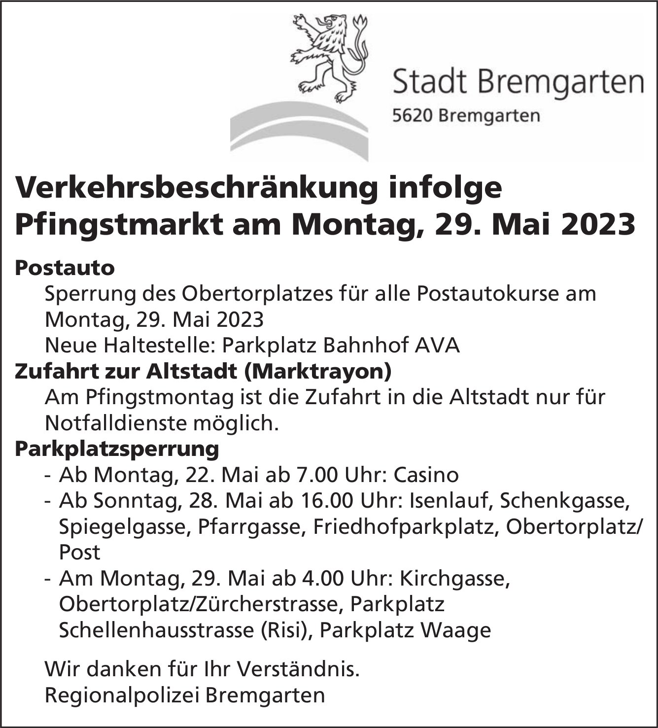 Bremgarten - Verkehrsbeschränkung infolge Pfingstmarkt, 29. Mai