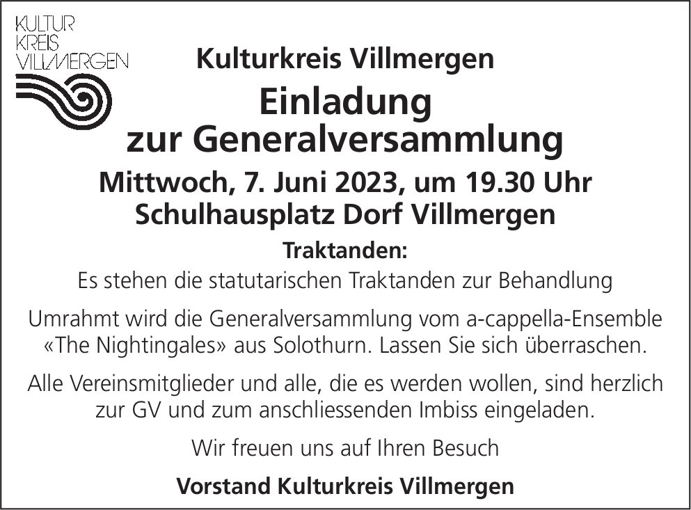 Generalversammlung Kulturkreis, 7. Juni, Schulhausplatz Dorf, Villmergen