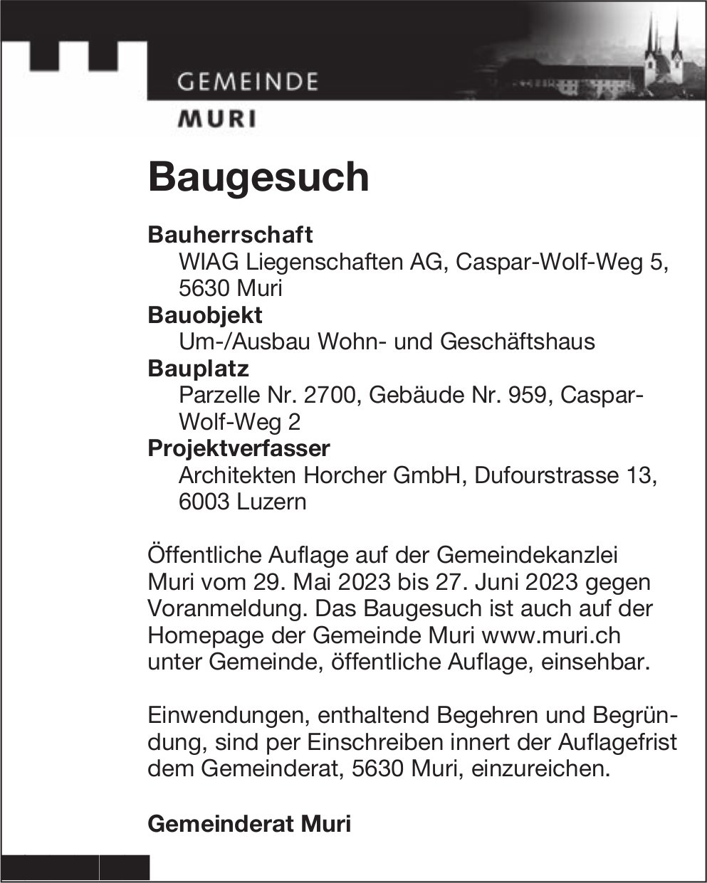 Baugesuche, Muri - WIAG Liegenschaften AG