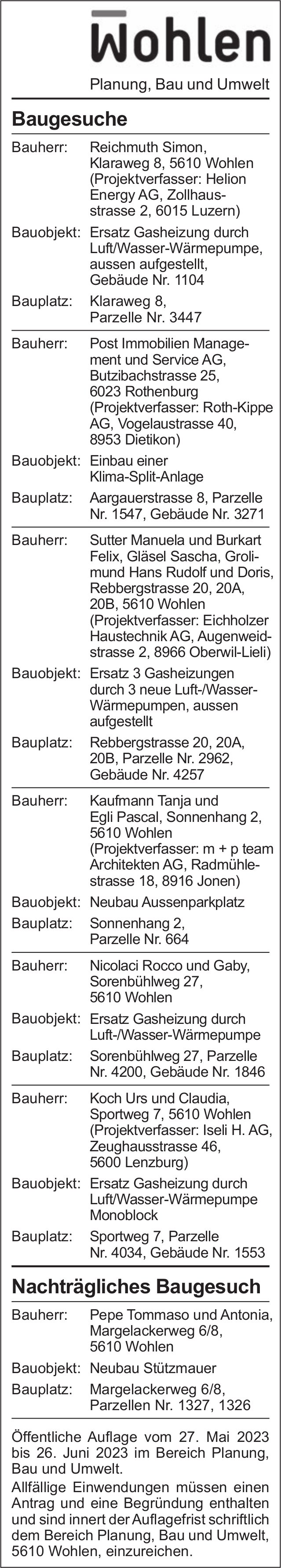 Baugesuche, Wohlen