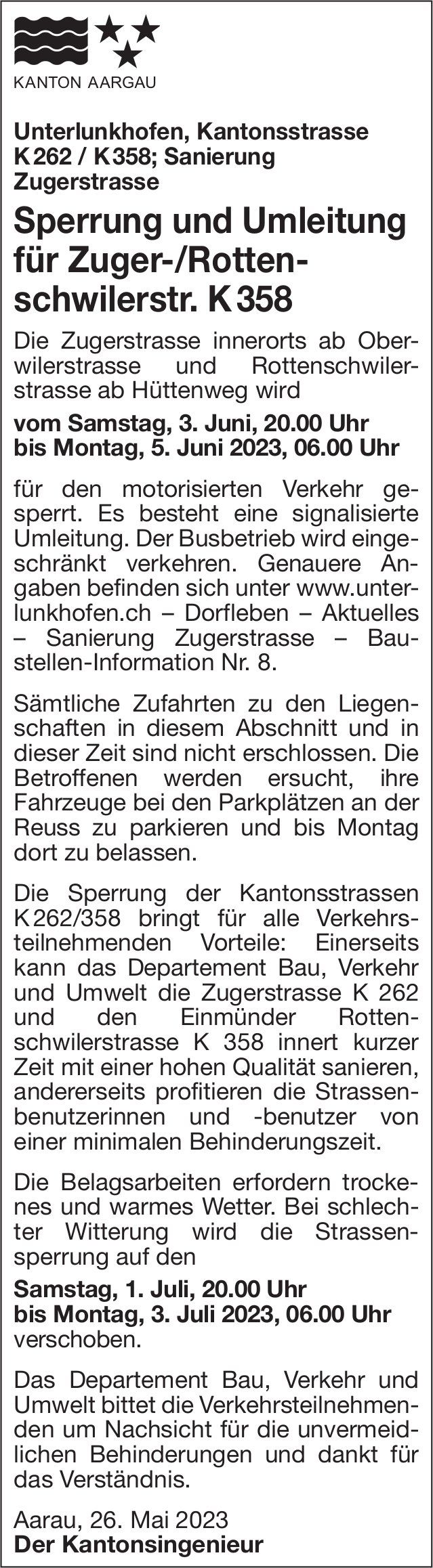 Kanton Aargau - Sperrung und Umleitung für Zuger-/Rottenschwilerstr. K 358
