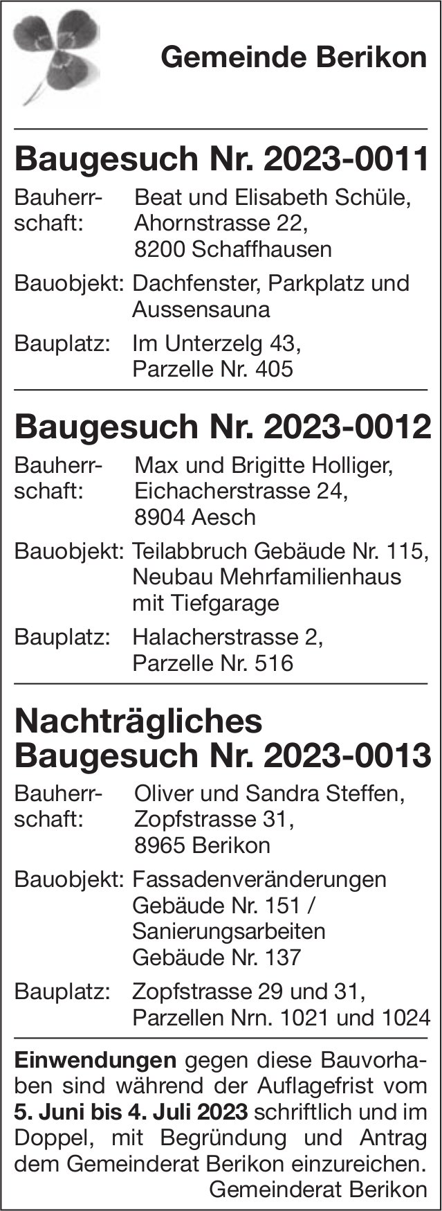 Baugesuche, Berikon