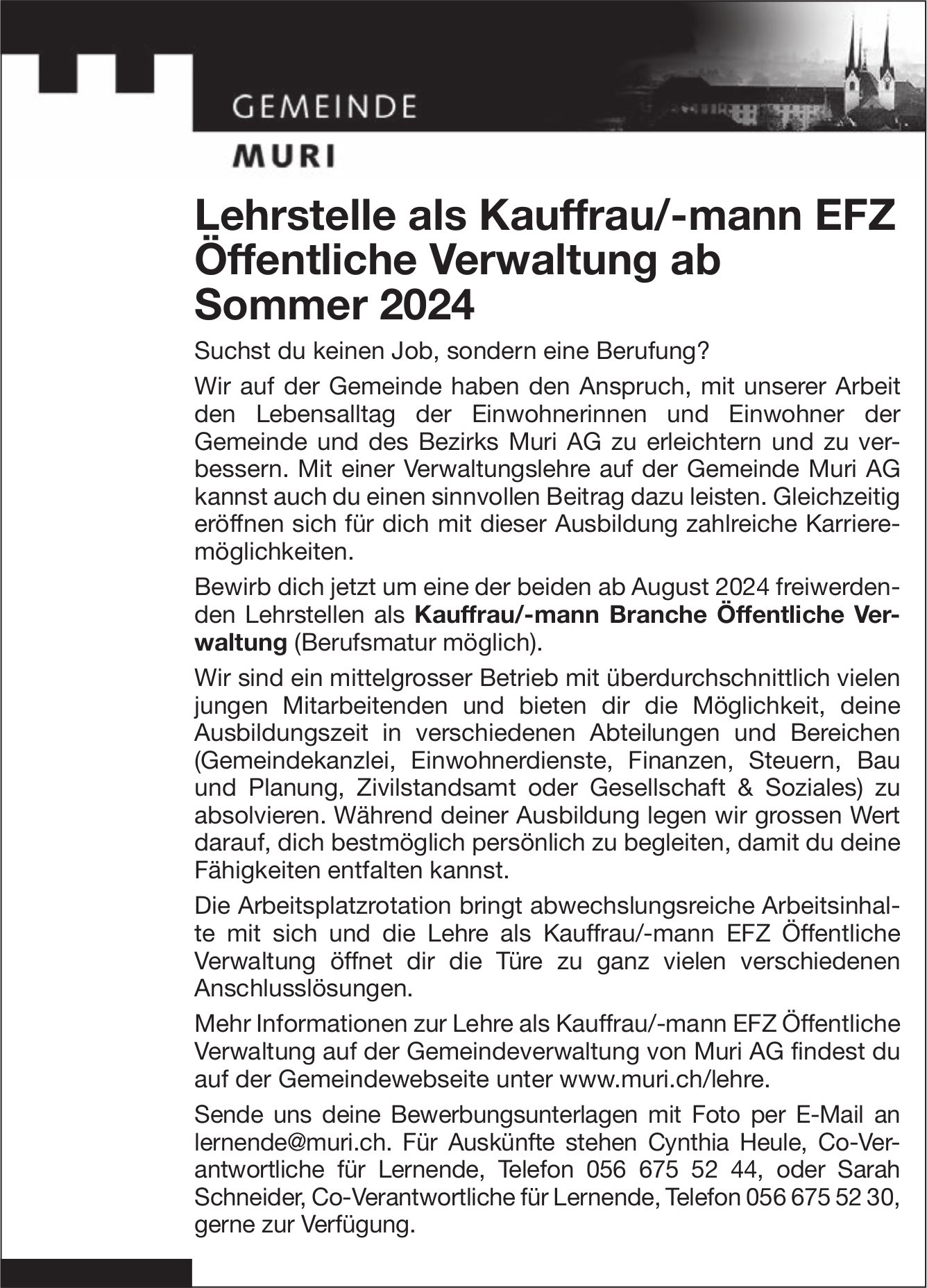 Lehrstelle als Kauffrau/-mann EFZ Öffentliche Verwaltung, Gemeinde, Muri, zu vergeben