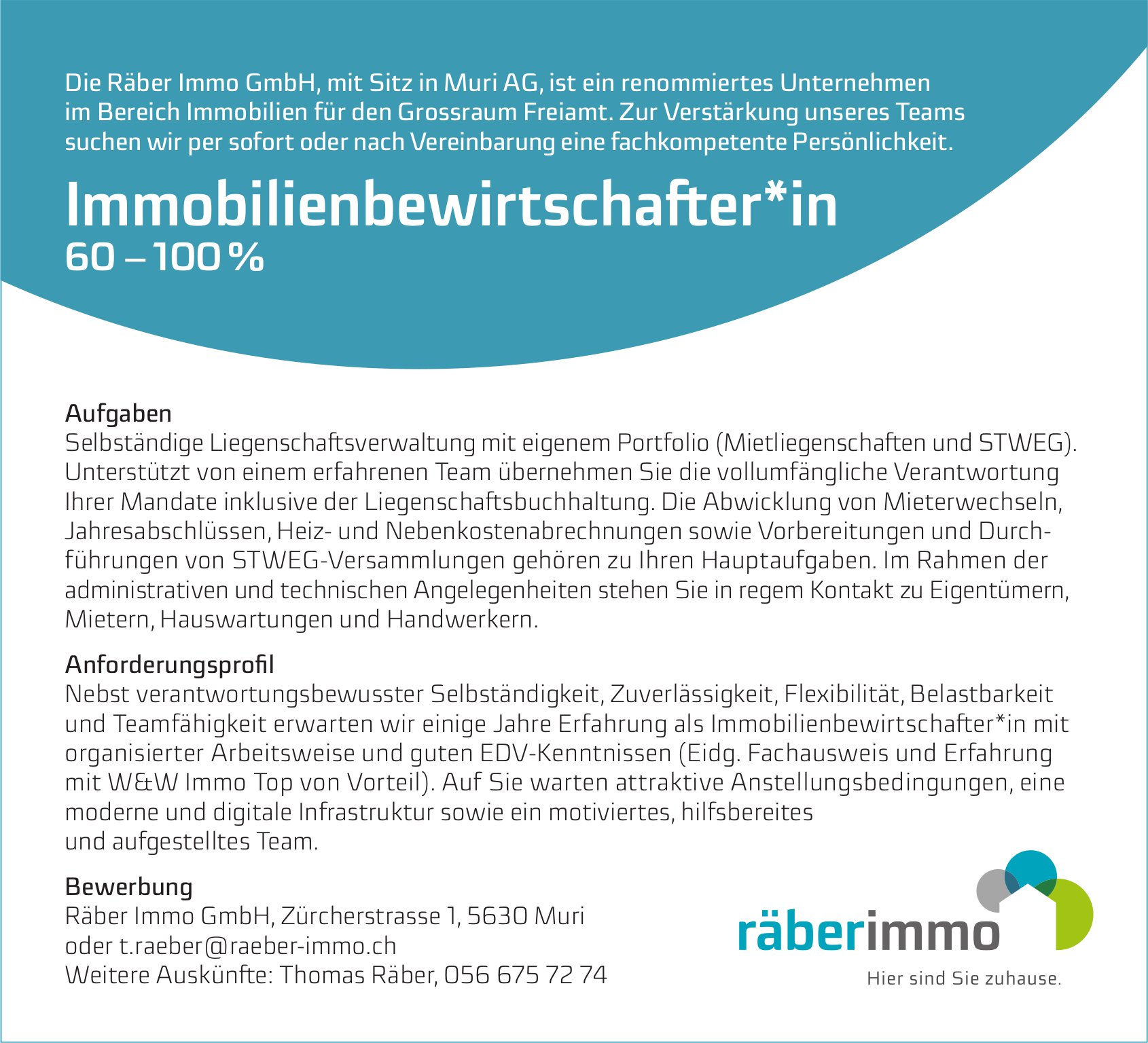 Immobilienbewirtschafter*in 60–100 %, Räber Immo GmbH, Muri, gesucht