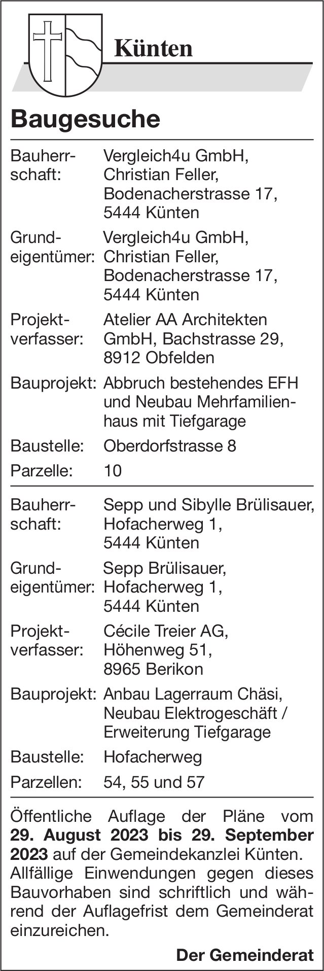 Baugesuche, Künten - Vergleich4u GmbH