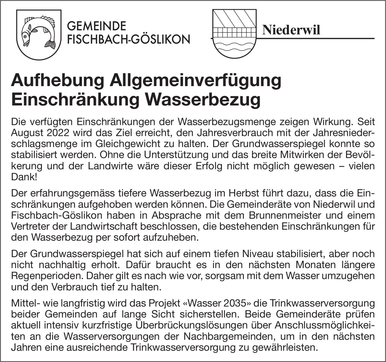 Fischbach-Göslikon - Aufhebung Allgemeinverfügung Einschränkung Wasserbezug