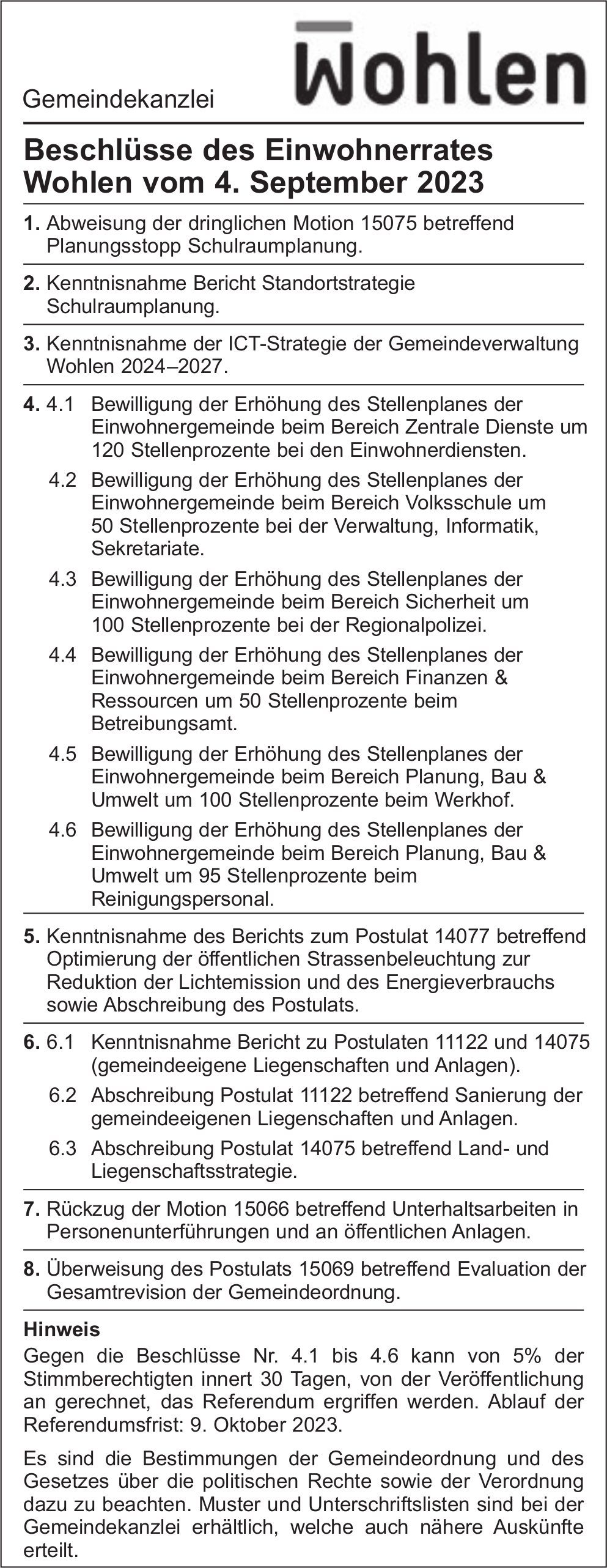 Wohlen - Beschlüsse des Einwohnerrates
