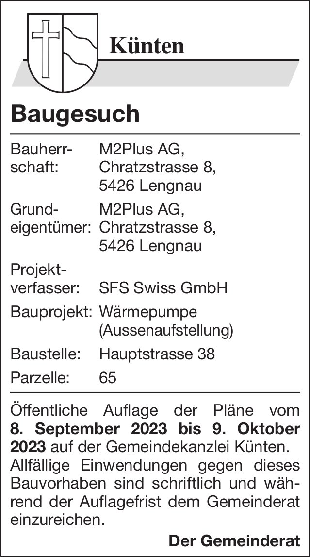 Baugesuche, Künten - M2Plus AG