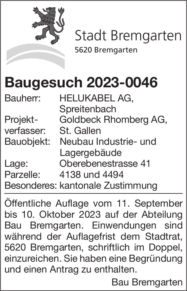 Baugesuche, Bremgarten - Helukabel AG