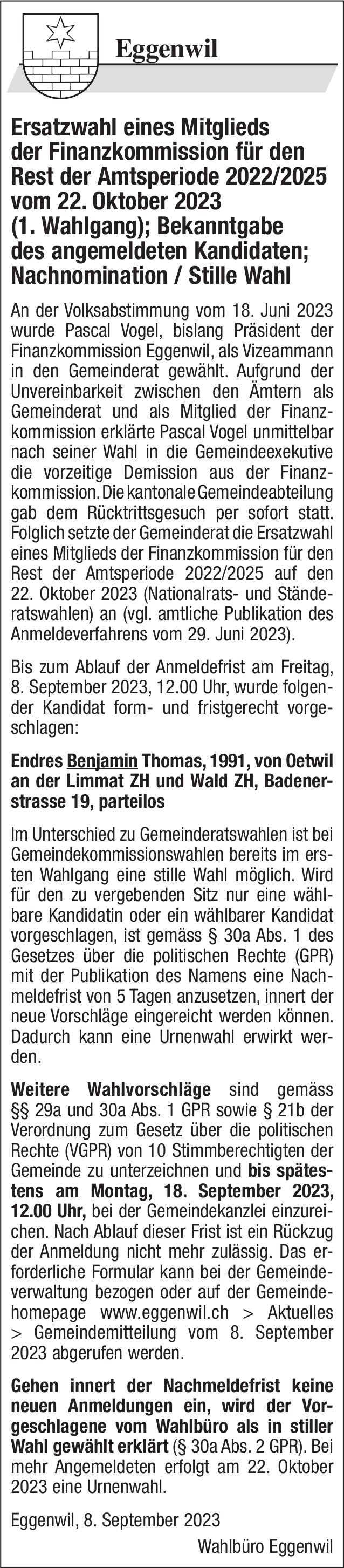 Eggenwil - Ersatzwahl eines Mitglieds der Finanzkommission