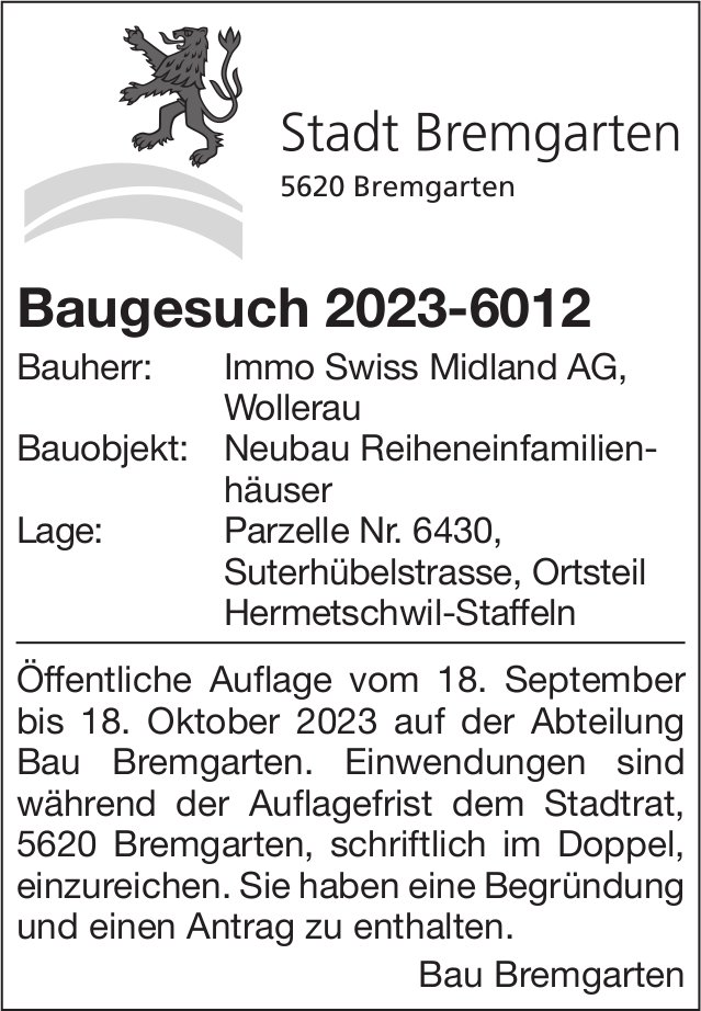 Baugesuche, Bremgarten - Immo Swiss Midland AG