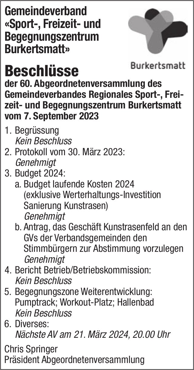 Beschlüsse Gemeindeverband Sport-, Freizeit- und Begegnungszentrum Burkertsmatt