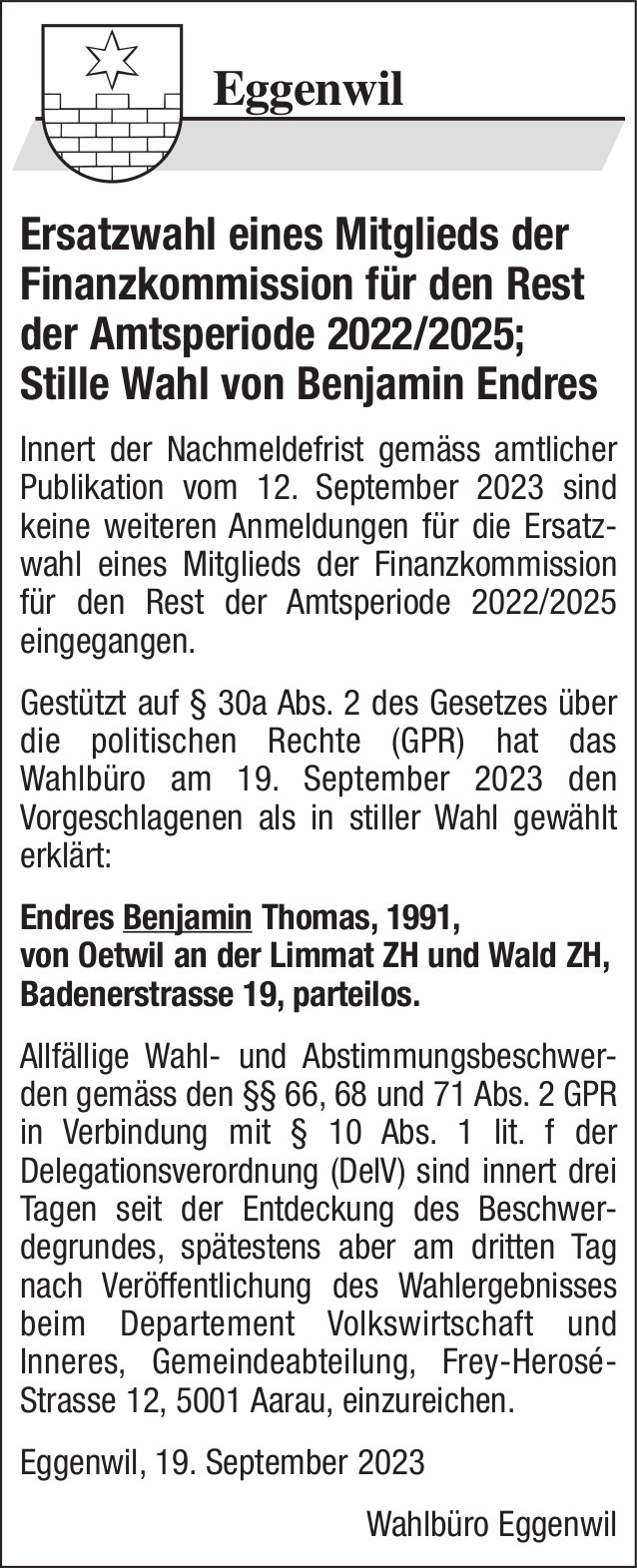 Eggenwil - Ersatzwahl eines Mitglieds der Finanzkommission