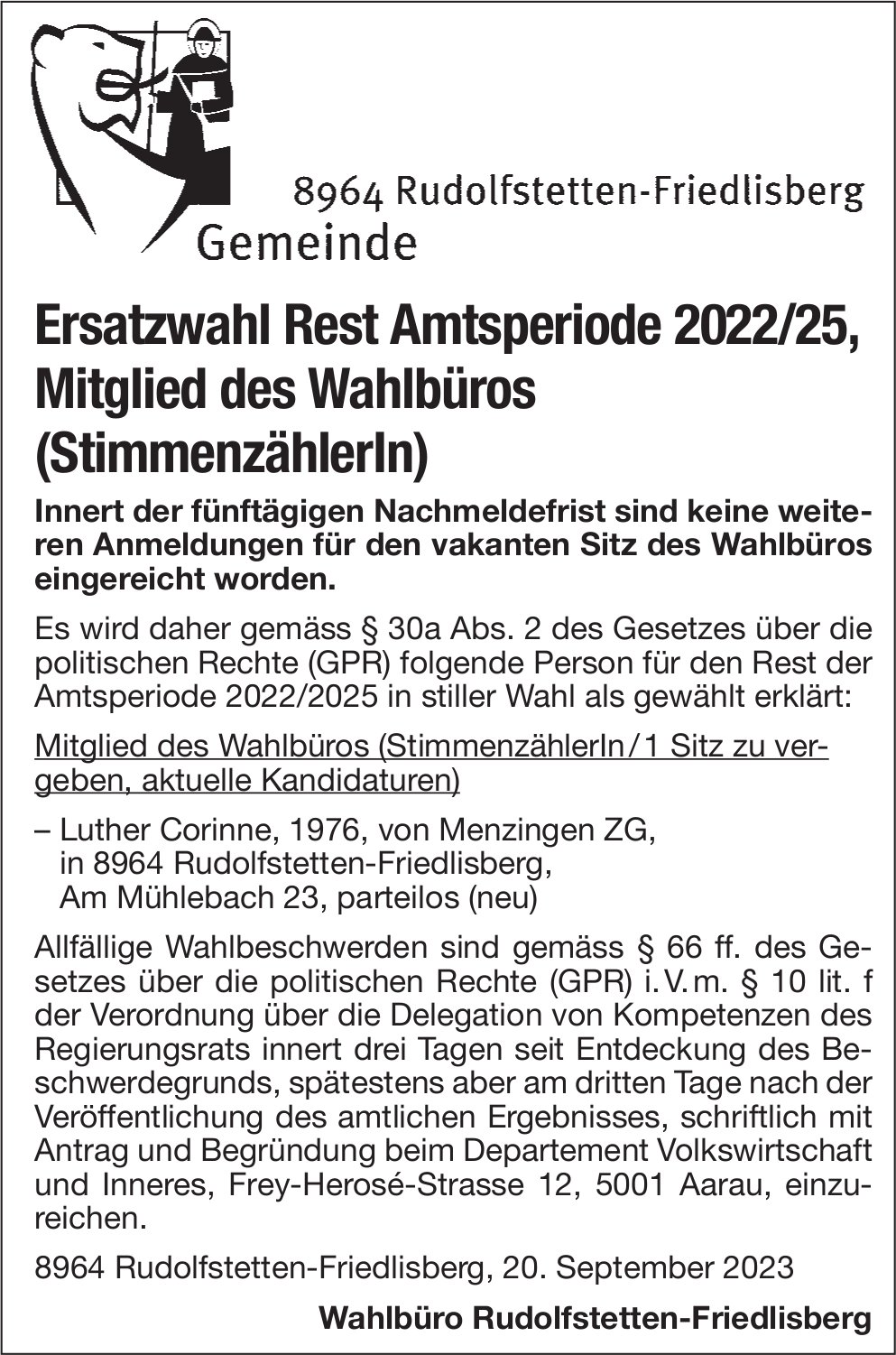 Rudolfstetten-Friedlisberg - Ersatzwahl Mitglied des Wahlbüros (StimmenzählerIn)