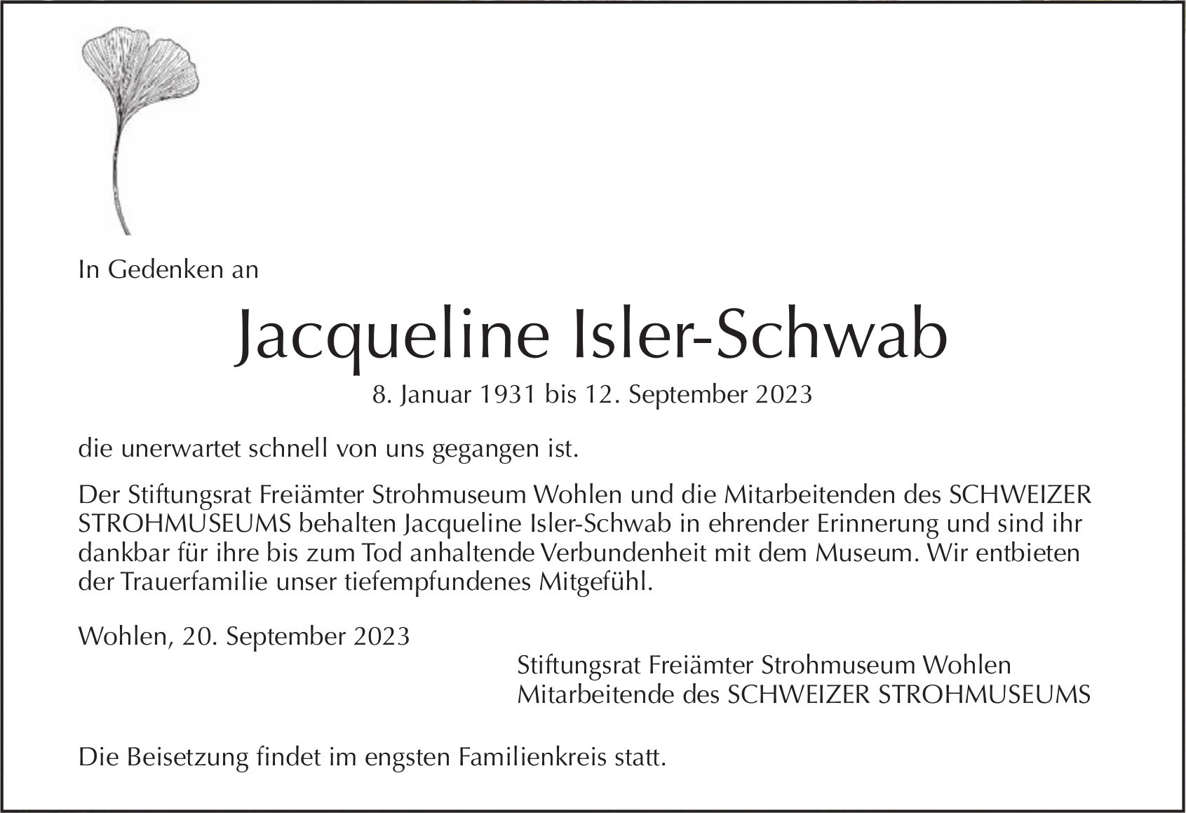Jacqueline Isler-Schwab, September 2023 / TA