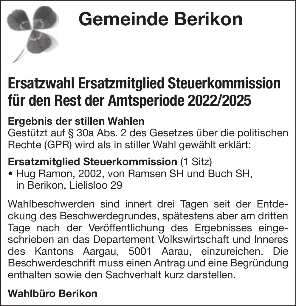 Berikon - Ersatzwahl Ersatzmitglied Steuerkommission
