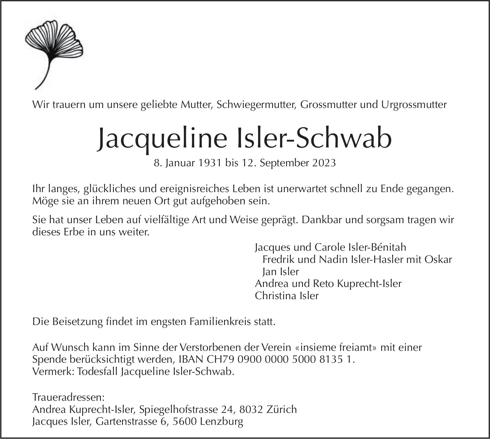 Jacqueline Isler-Schwab, September 2023 / TA