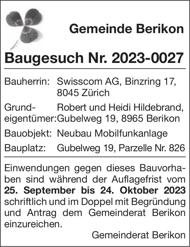 Baugesuche, Berikon - Swisscom AG