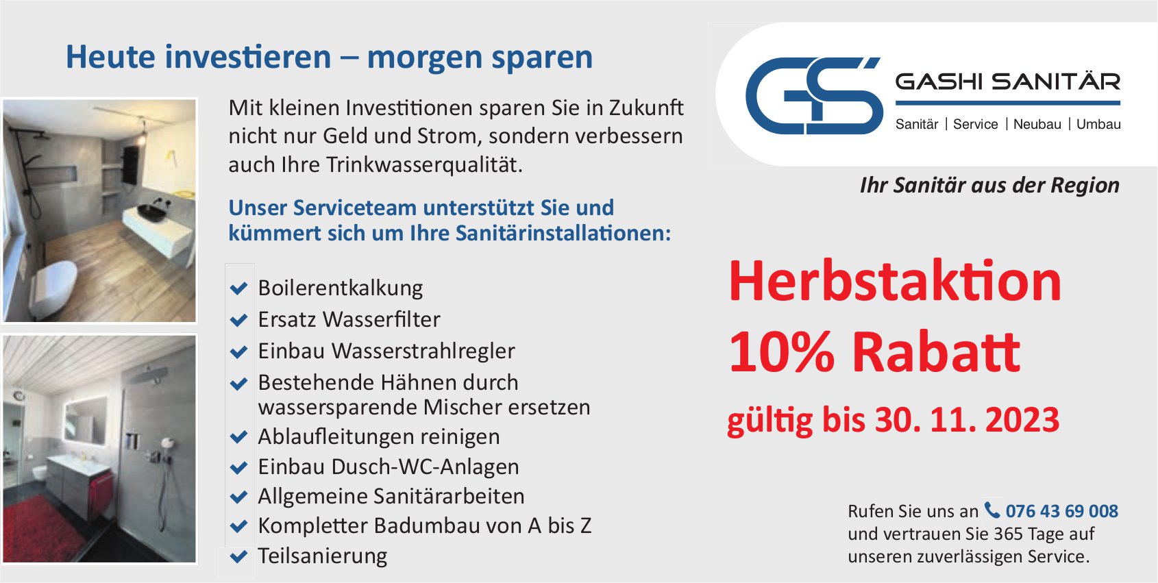 Gashi Sanitär, Herbstaktion 10% Rabatt bis 30. November