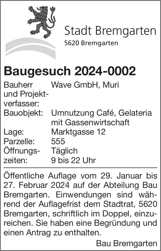 Baugesuche, Bremgarten - Wave GmbH