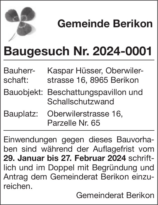 Baugesuche, Berikon - Kaspar Hüsser