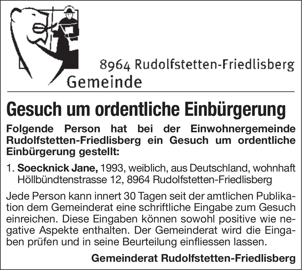 Rudolfstetten-Friedlisberg - Gesuch um ordentliche Einbürgerung