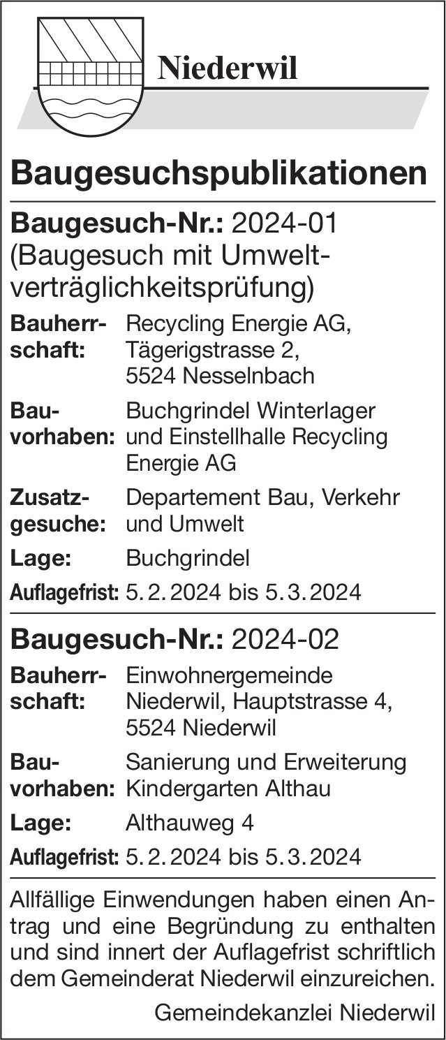 Baugesuche, Niederwil - Recycling Energie AG