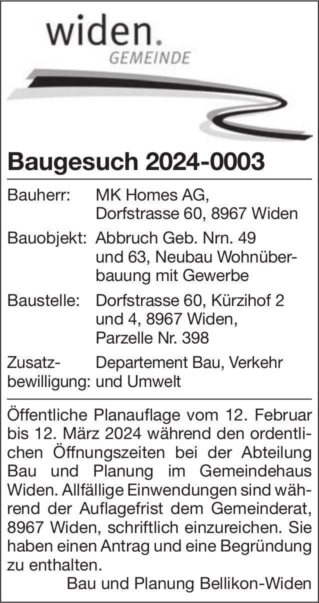 Baugesuche, Widen - MK Homes AG