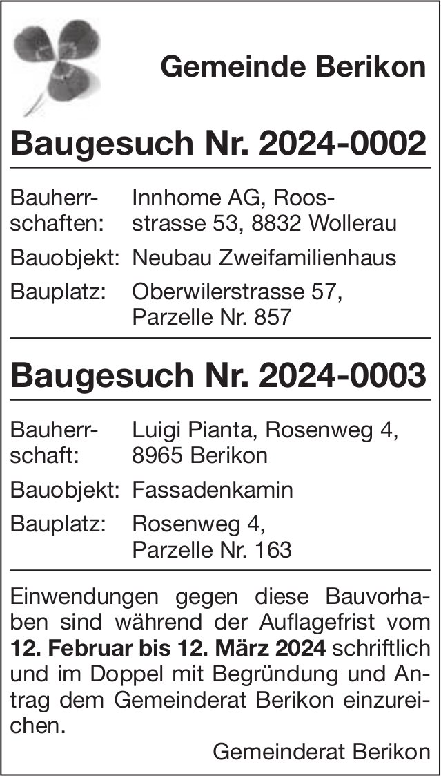 Baugesuche, Berikon - Innhome AG