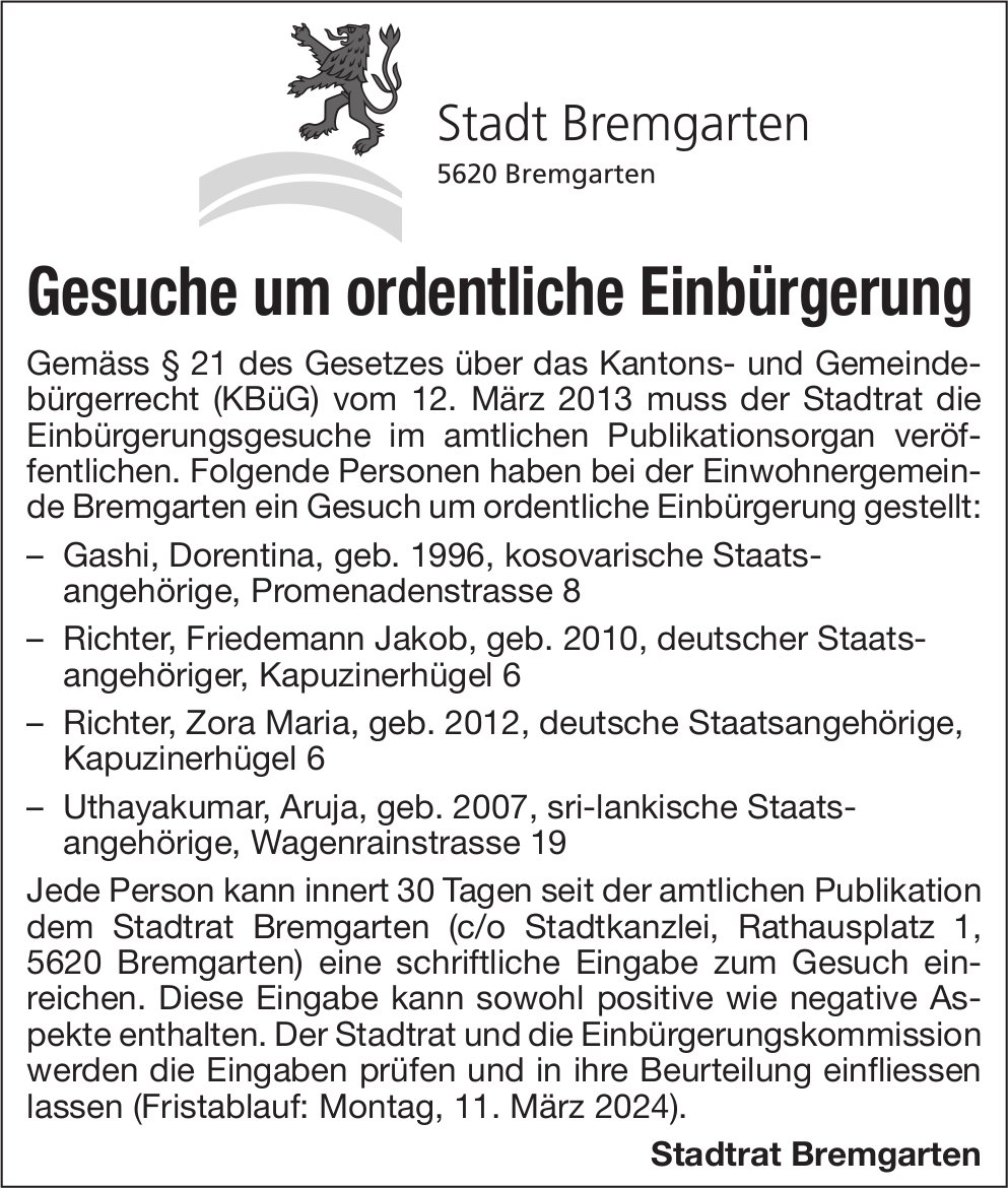 Bremgarten - Gesuche um ordentliche Einbürgerung