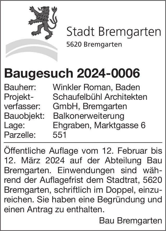 Baugesuche, Bremgarten - Winkler Roman