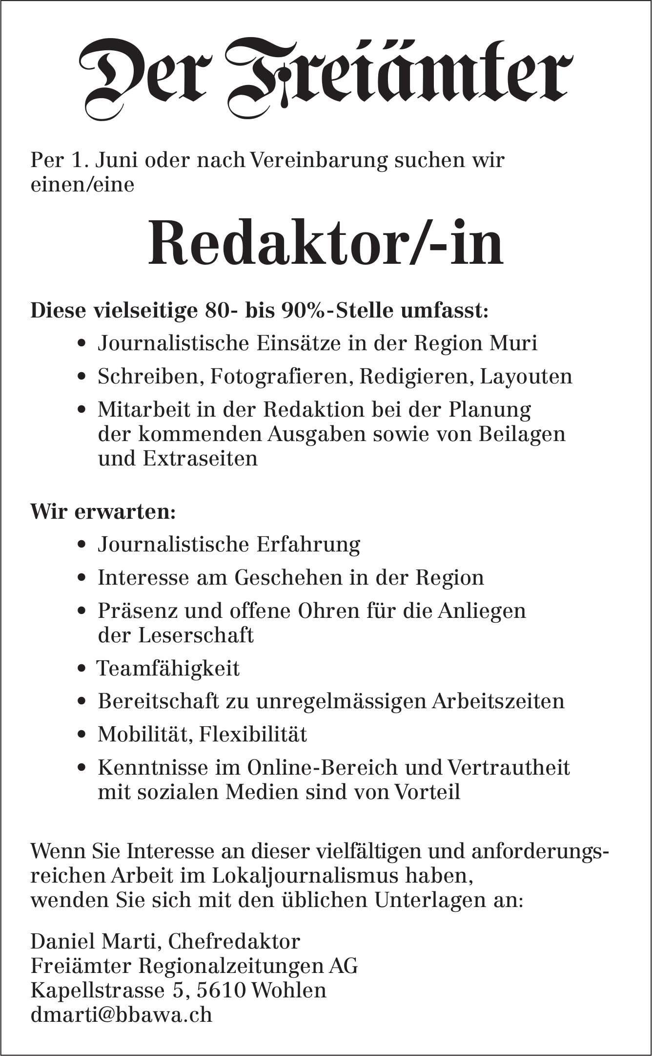 Redaktor/-in, Freiämter Regionalzeitungen AG, Wohlen, gesucht