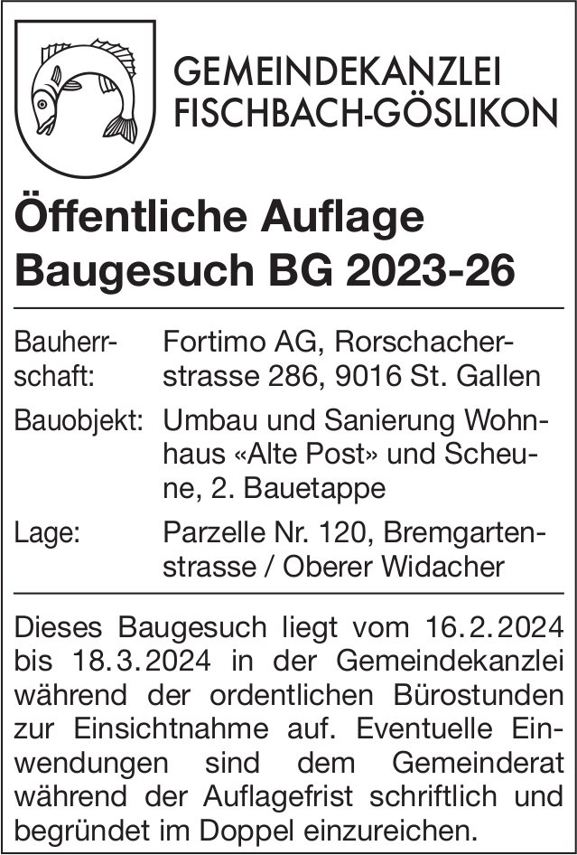 Baugesuche, Fischbach-Göslikon - Fortimo AG