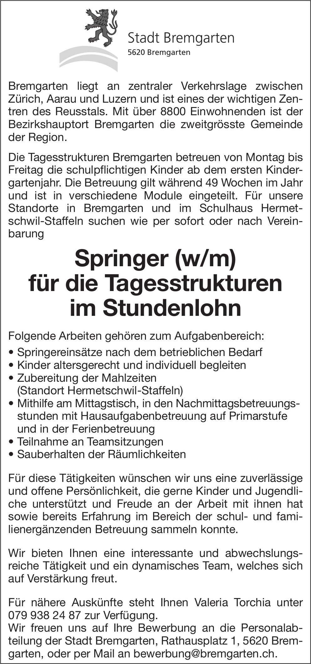 Springer (w/m) für die Tagesstrukturen, Stadt, Bremgarten, gesucht