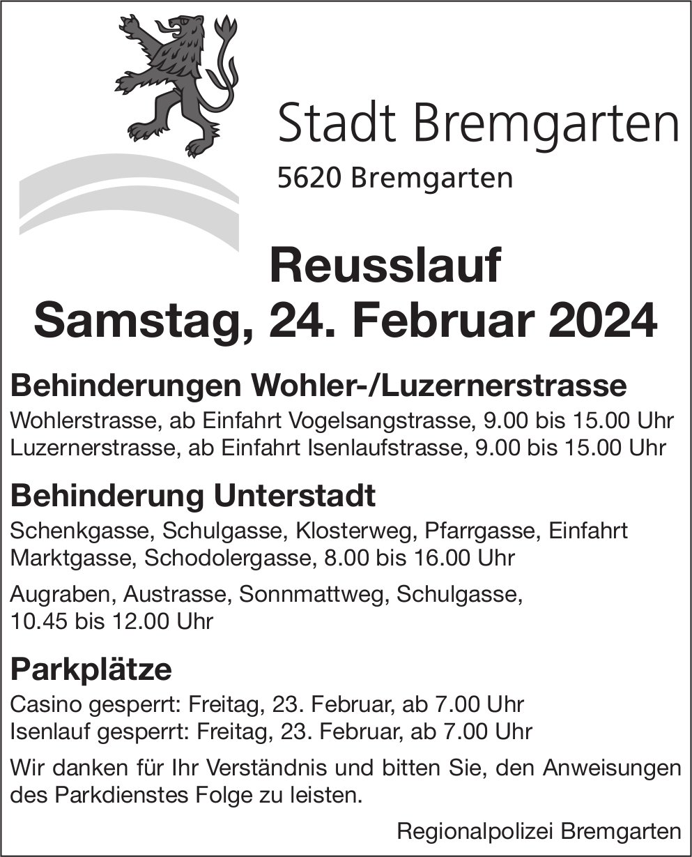 Bremgarten - Behinderungen während des Reusslaufs, 24. Februar