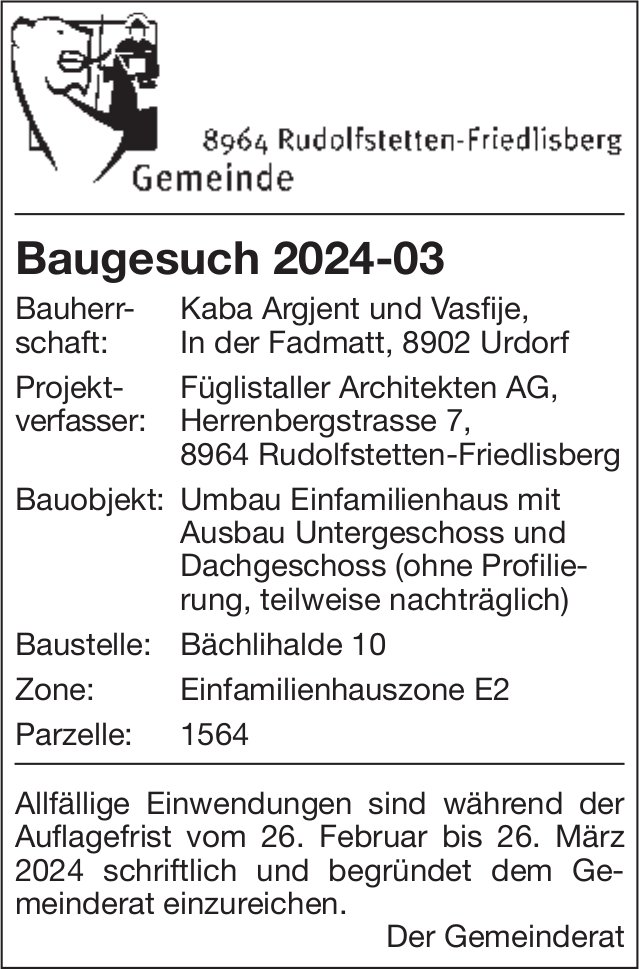 Baugesuche, Rudolfstetten-Friedlisberg - Kaba Argjent und Vasfije