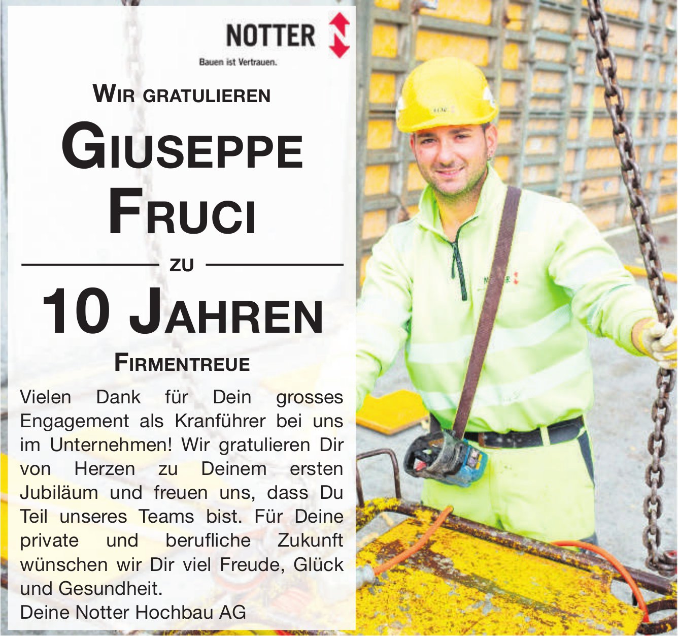 Notter Hochbau AG, Giuseppe Fruci, 10 Jahre Firmentreue