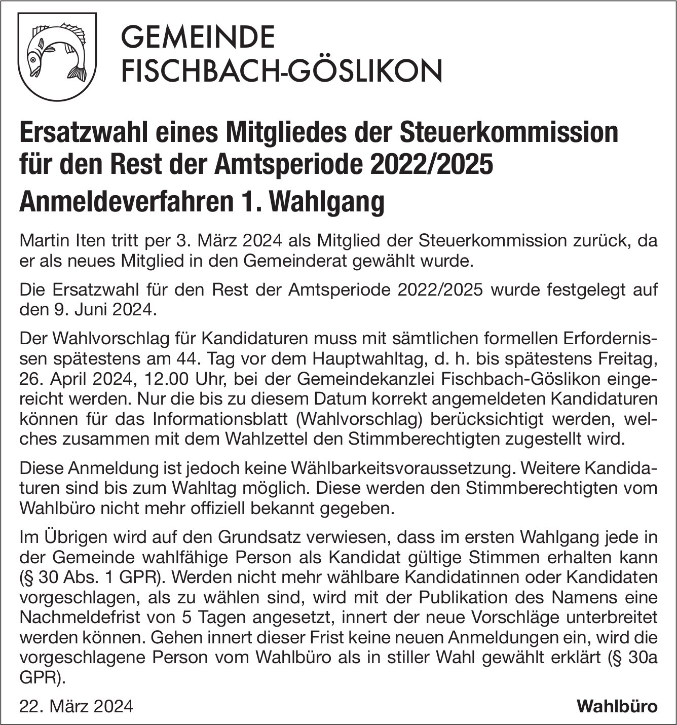 Fischbach-Göslikon - Ersatzwahl eines Mitgliedes der Steuerkommission