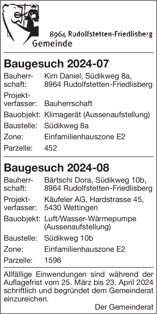 Baugesuche, Rudolfstetten-Friedlisberg - Kim Daniel