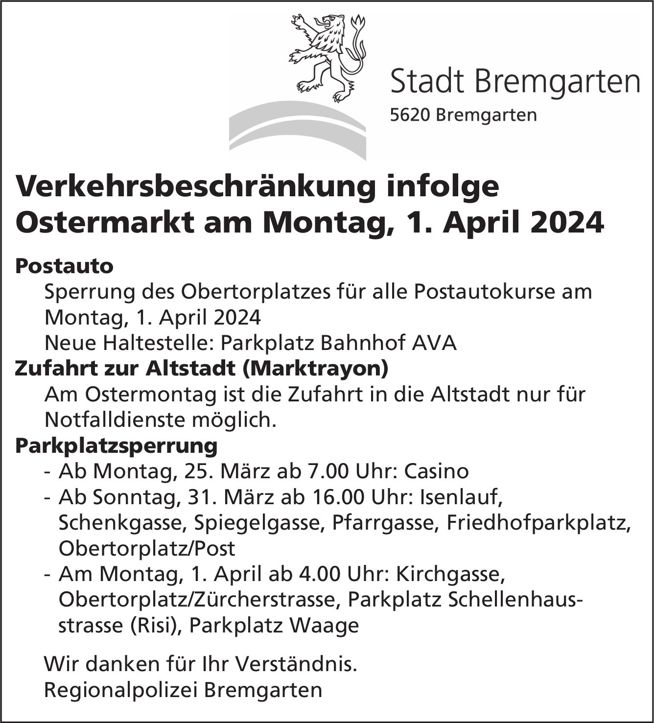 Bremgarten - Verkehrsbeschränkung infolge Ostermarkt