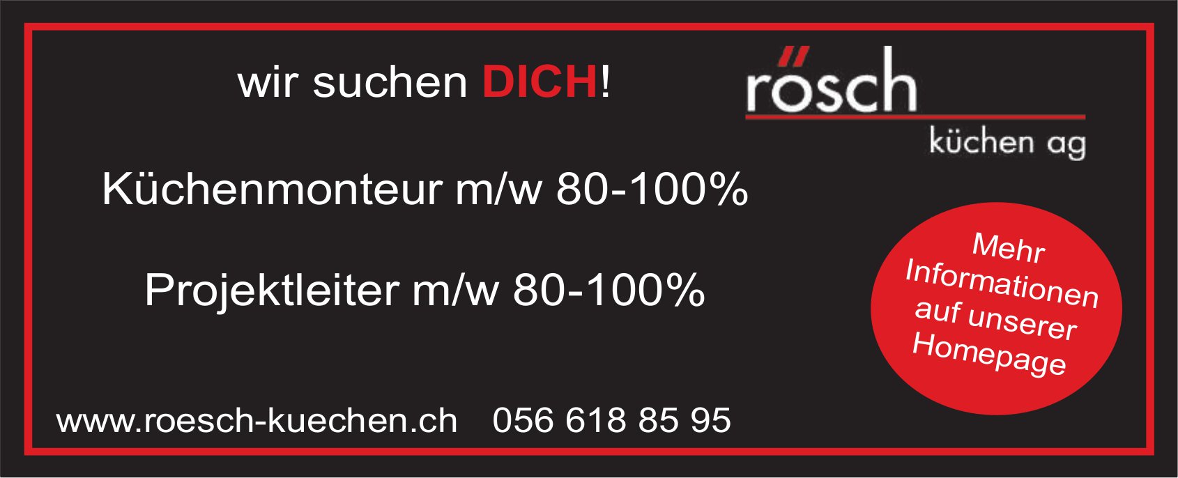 Küchenmonteur m/w 80-100% und Projektsleiter m/w 80-100%, Rösch Küchen AG, gesucht