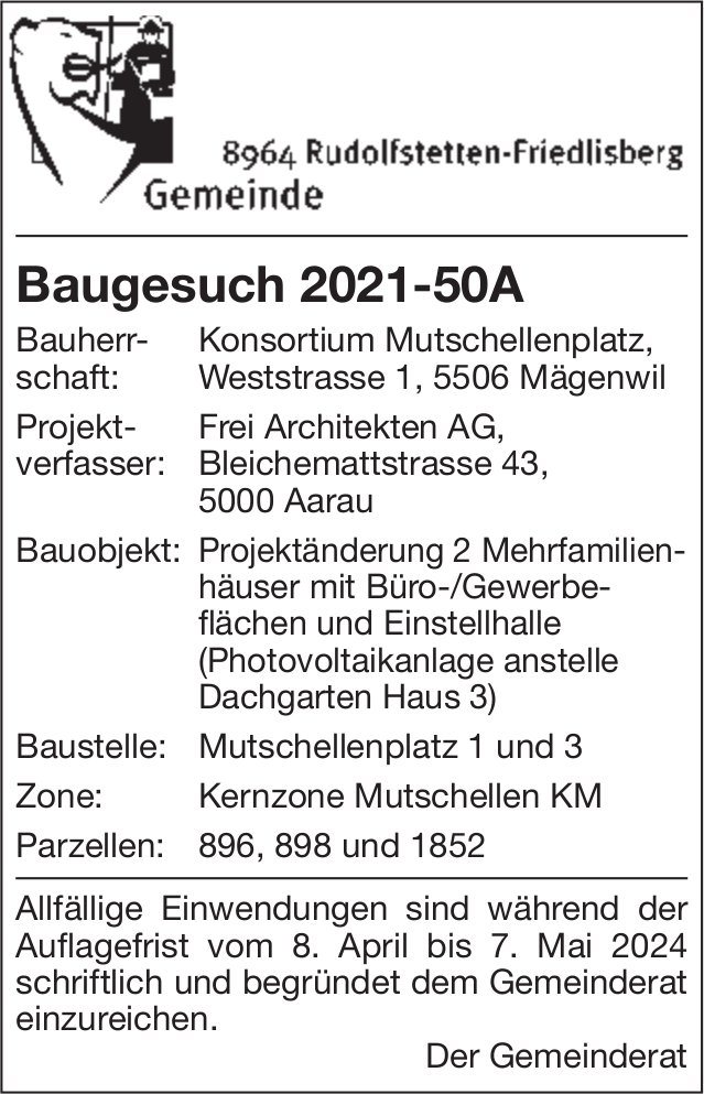 Baugesuche, Rudolfstetten-Friedlisberg - Konsortium Mutschellenplatz