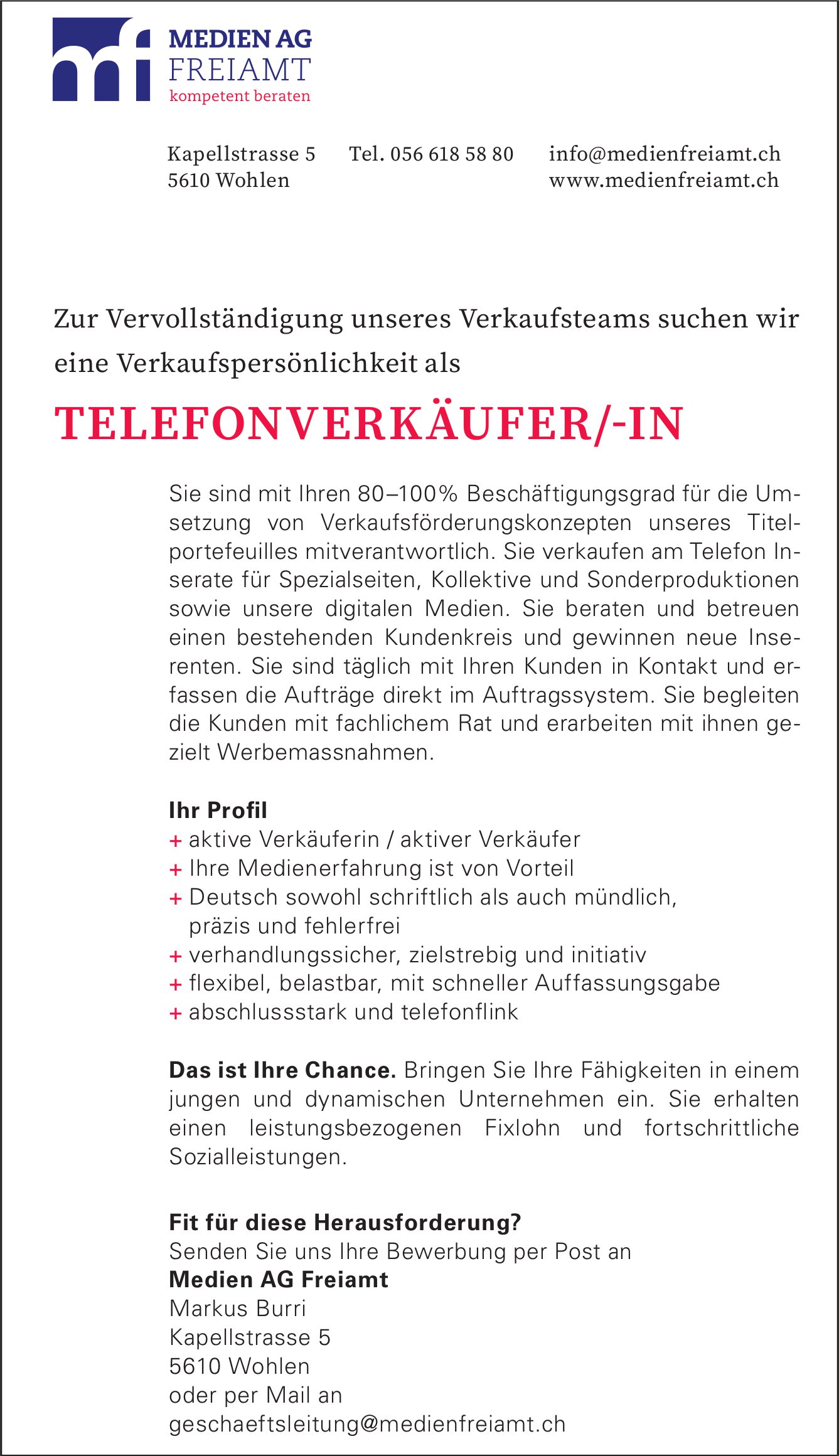 Telefonverkäufer/-in, Medien AG Freiamt, Wohlen, gesucht