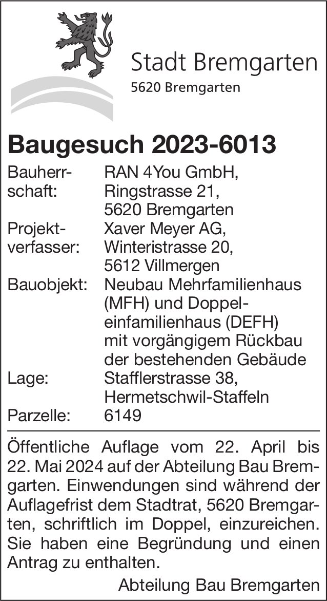Baugesuche, Bremgarten - RAN 4You GmbH
