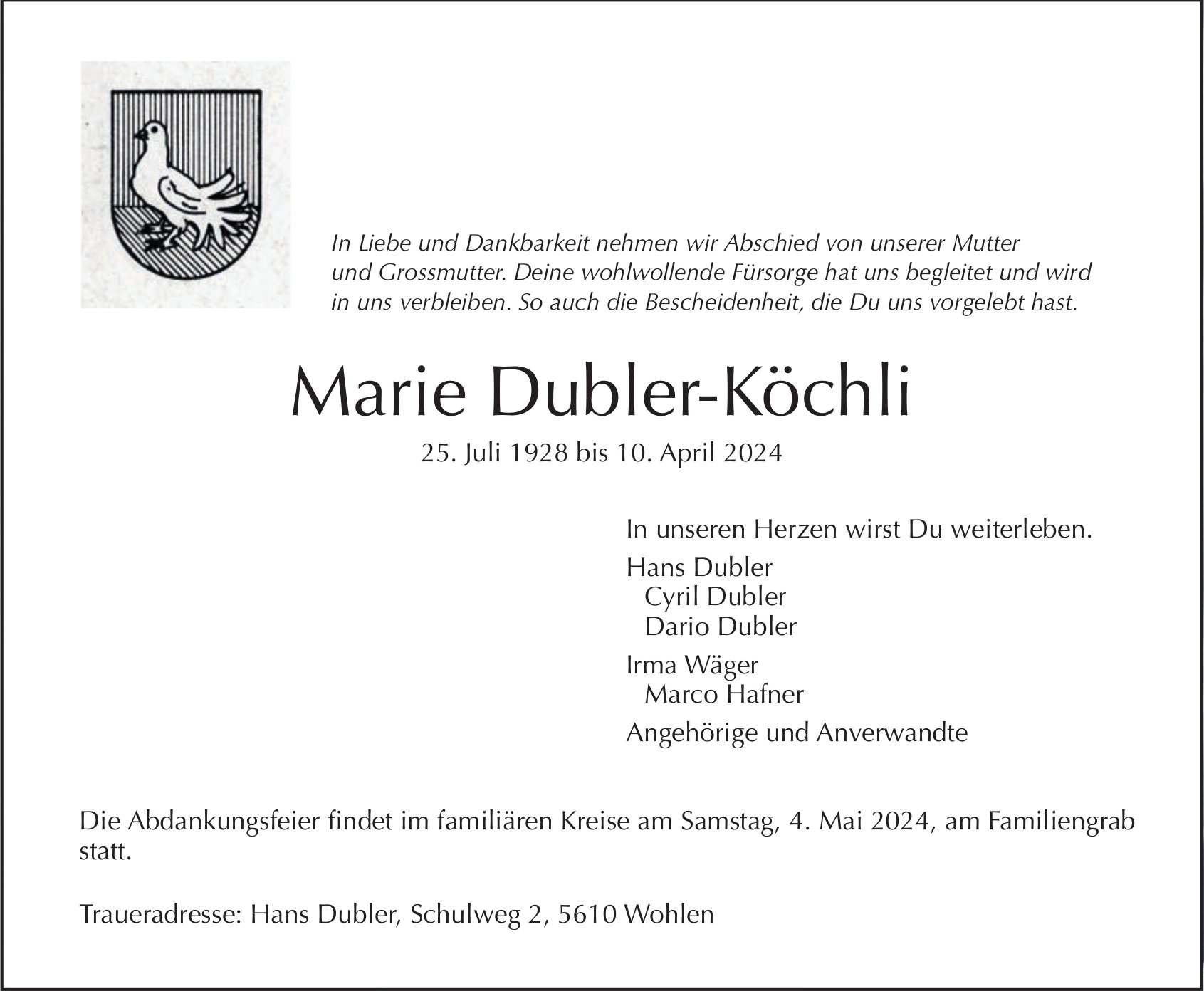 Marie Dubler-Köchli, April 2024 / TA