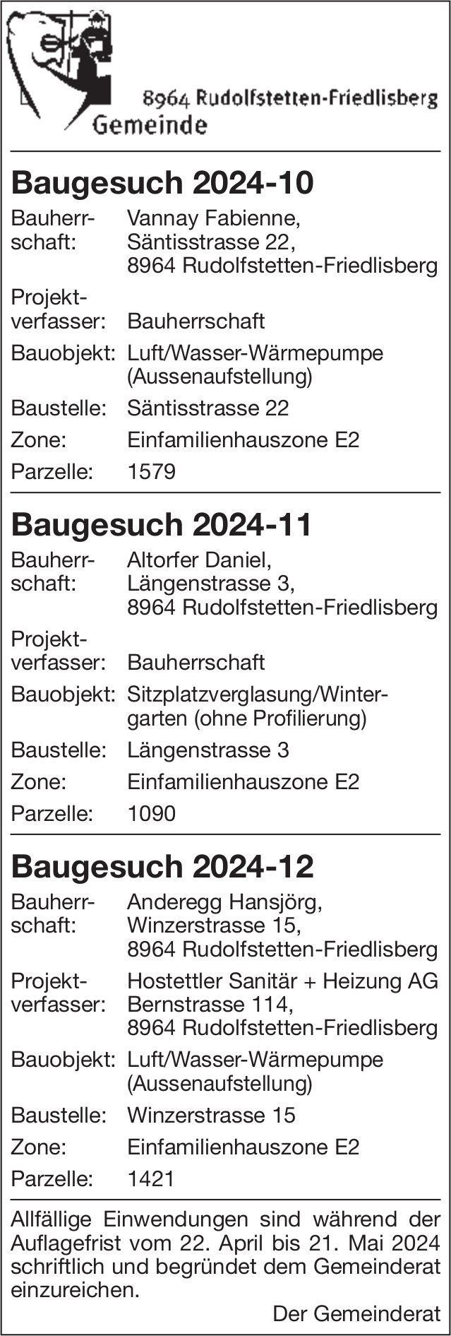 Baugesuche, Rudolfstetten-Friedlisberg - Vannay Fabienne