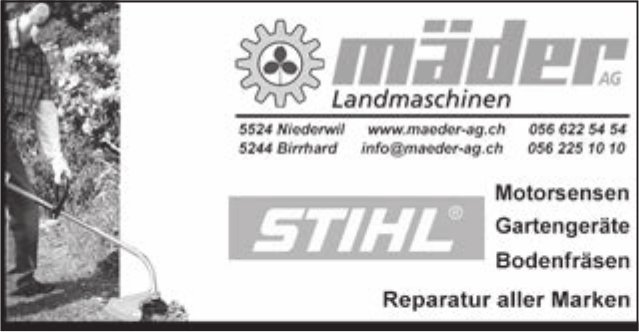 Mäder Landmaschinen AG, Niederwil - Motorsensen, Gartengeräte,  Bodenfräsen