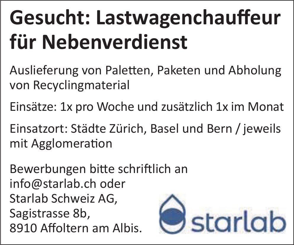Lastwagenchauffeur für Nebenverdienst, Starlab Schweiz AG, Affoltern am Albis, gesucht