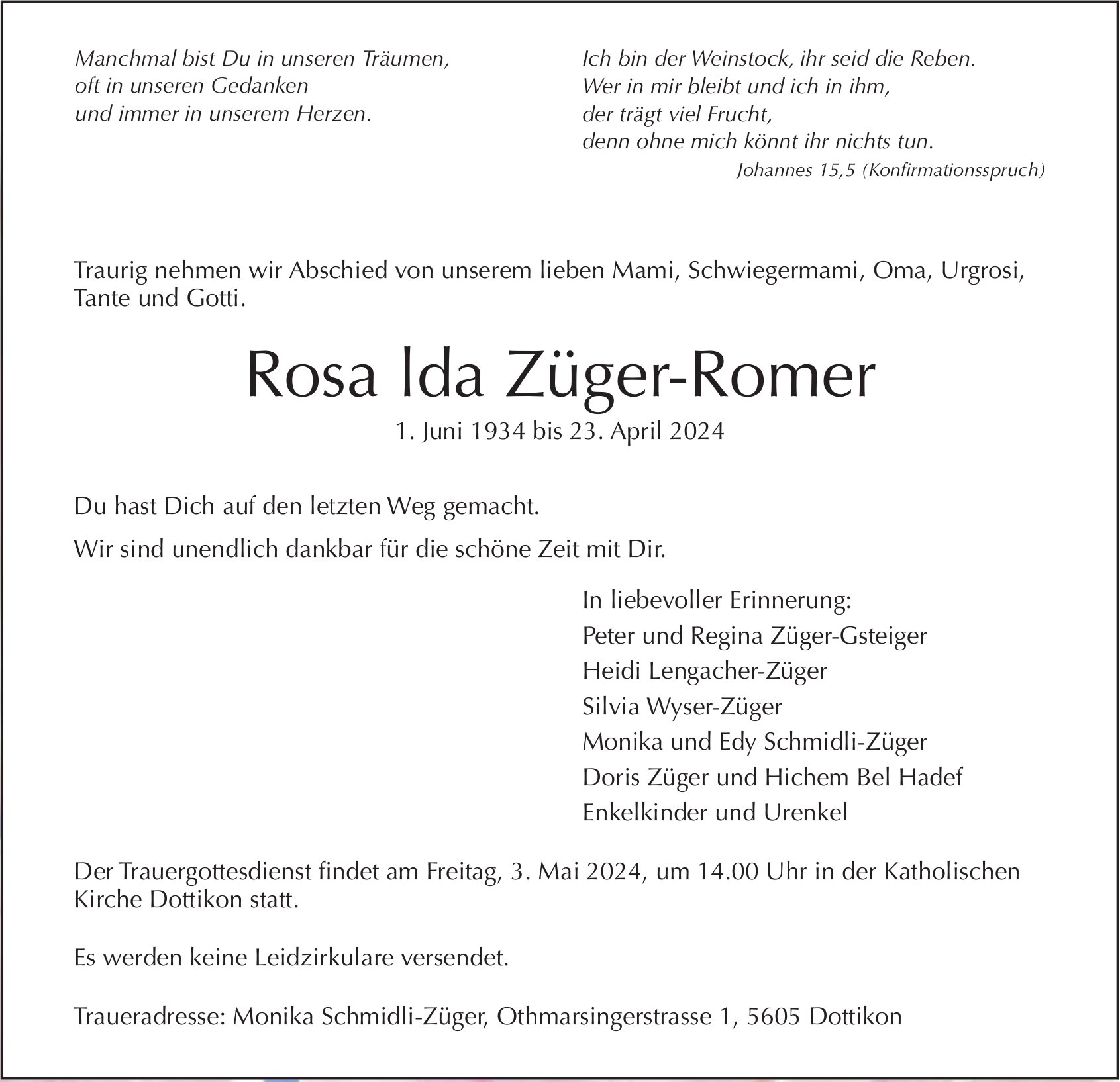 Rosa lda Züger-Romer, April 2024 / TA